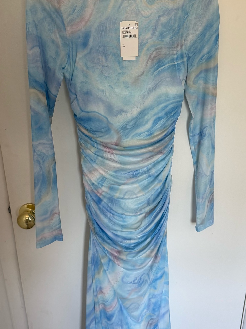 AFRM Blue Marble-Print Long Sleeve Ruched Dress